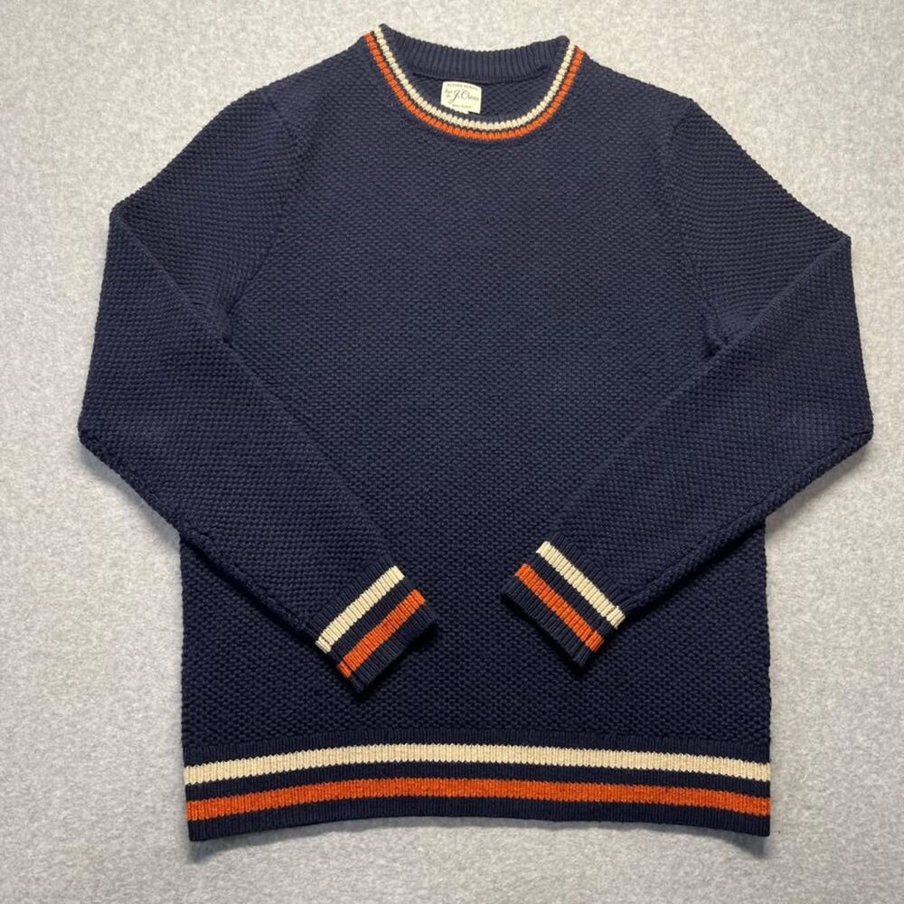 J.Crew Rugged Merino Men's Medium Sweater Wool Blend Navy Orange Cream Striped